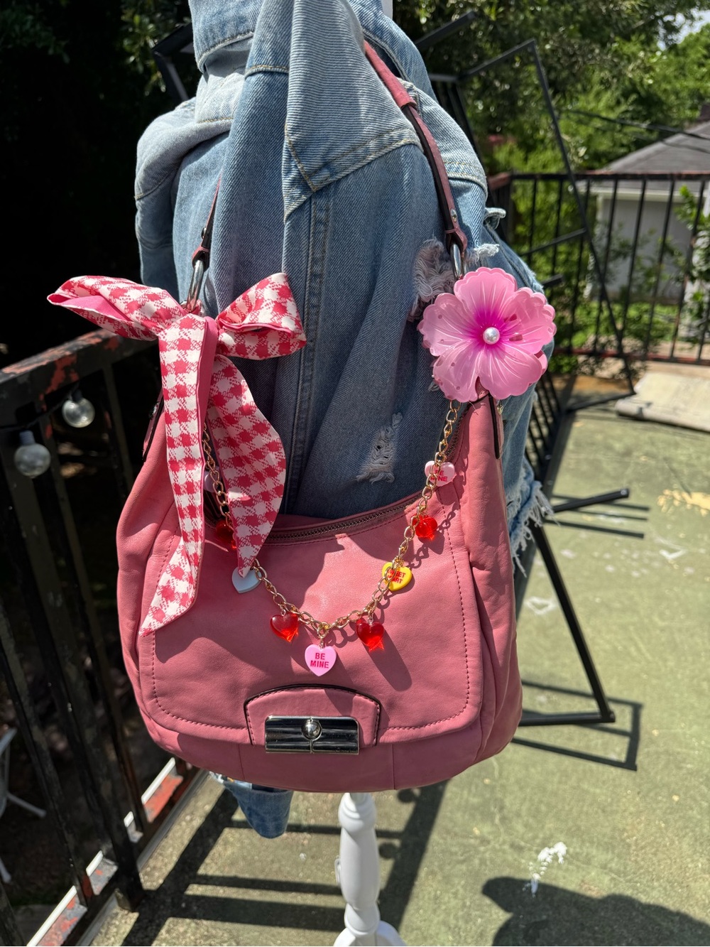 Coach Pink Shoulder Bag with Floral Charm and Gingham Bow